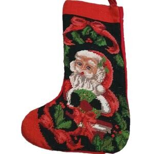 Vintage Needlepoint Christmas Stocking 13" Santa Black Red Green Holly Bow Xmas